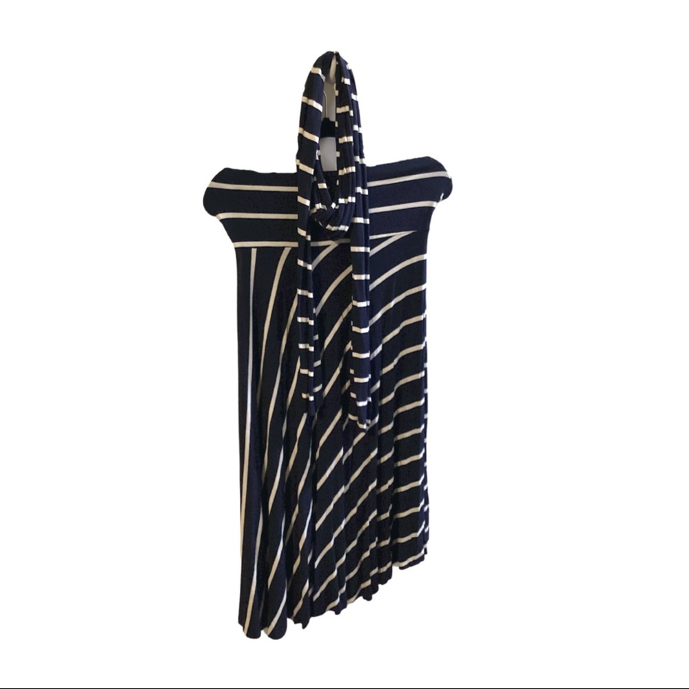 Navy blue striped strapless dress